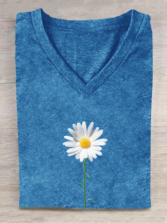 T-shirts Décontracté Floral Été Col V Ample Manches Courtes en Mélangé de Coton Régulier Oui pour Femmes
