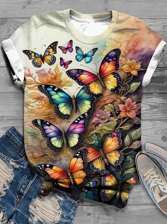 T-shirts Femmes Décontracté Papillon Été Quotidien Ample Jersey Manches Courtes Col Rond Droit
