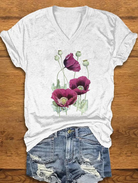 T-shirts Femmes Décontracté Floral Été Tricoté Col V Manches Courtes Régulier Droit Oui