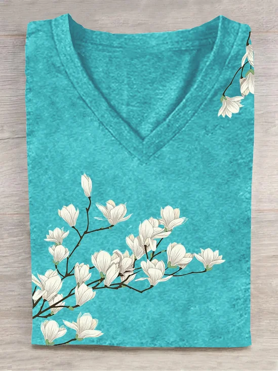 T-shirts Femmes Décontracté Floral Été Quotidien Ample en Mélangé de Coton Régulier Droit Oui