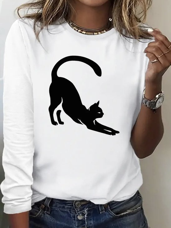 T-shirts Femmes Décontracté Printemps / Automne Chat Ample Manches Longues Col Rond en Mélangé de Coton Régulier Élasticité moyenne