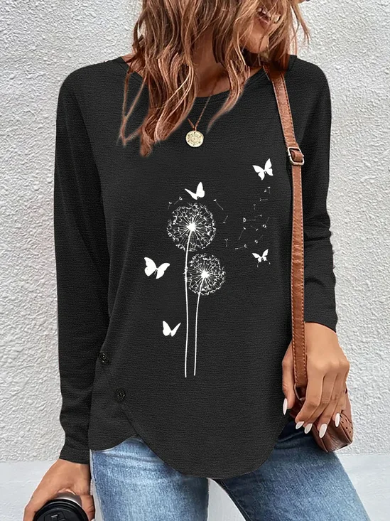 T-shirts Femmes Décontracté Printemps / Automne Pissenlit Quotidien Meilleure vente Manches Longues Irrégulier Artisanat Régulier Élasticité moyenne