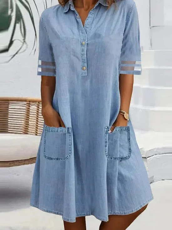 Femmes Plain Bleu Col de Chemise Confortable Poche Couture Robe Mi-Longue Décontracté