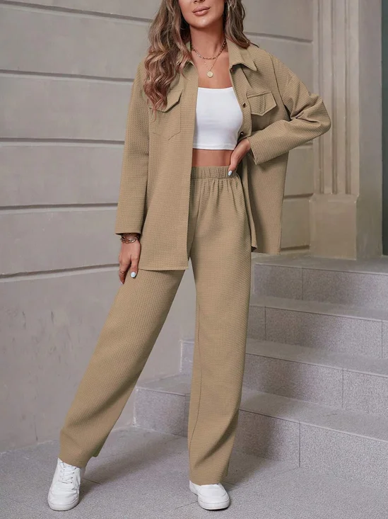 Deux Pièces Ensembles Femmes Décontracté Plain Printemps / Automne Ample Manches Longues Col Rond Top Avec Pantalons Droit Régulier