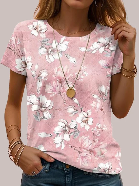 T-shirts Femmes Décontracté Floral Été Jersey Manches Courtes Col Rond Droit Élasticité moyenne Non