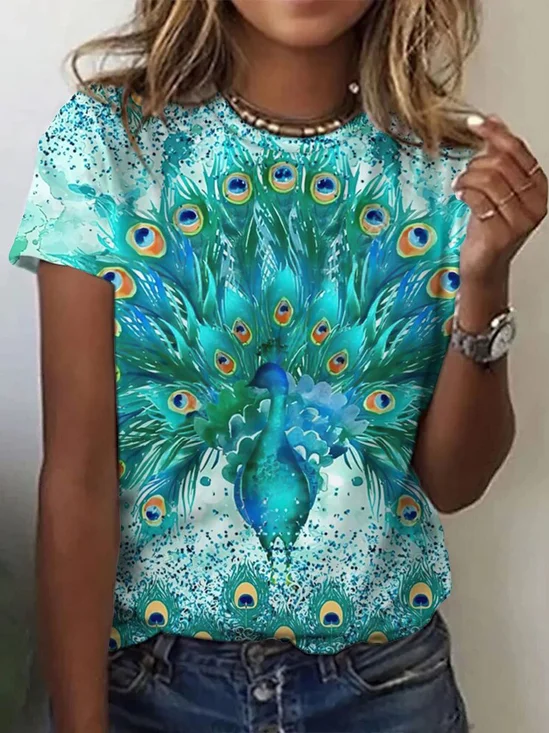 T-shirts Femmes Décontracté Été Bleu Paon Quotidien Ample Manches Courtes Régulier Droit Non