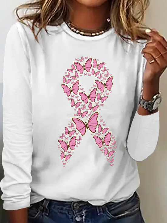 T-shirts Femmes Décontracté Printemps / Automne Papillon Coton Quotidien Ample Manches Longues Col Rond Régulier