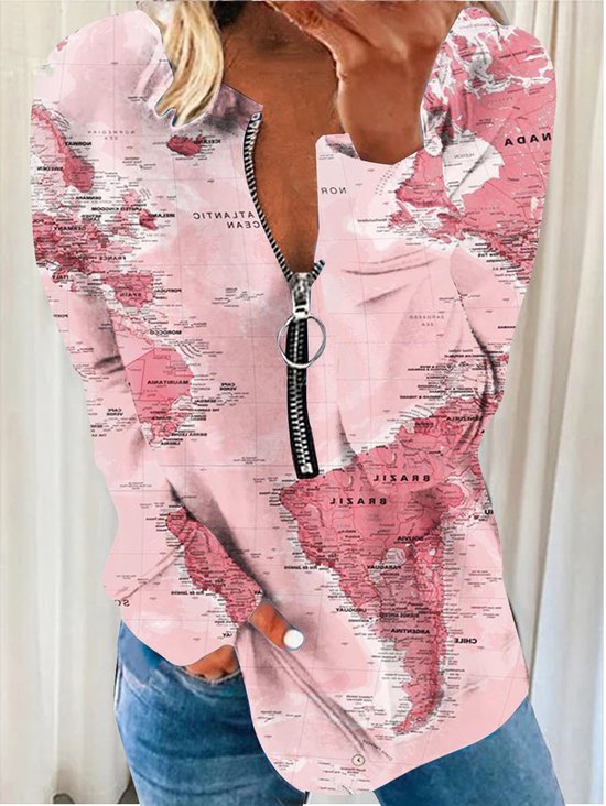 Sweat-shirts Femmes Décontracté Carte Printemps / Automne Zip Micro-élasticité Quotidien Régulier Droit Col mi-ouvert