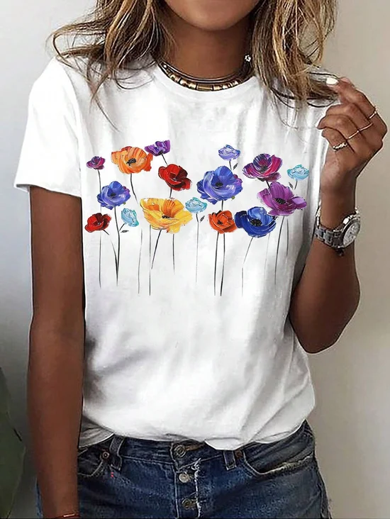 T-shirts Décontracté Floral Été Coton Ample Manches Courtes Col Rond Régulier Oui pour Femmes