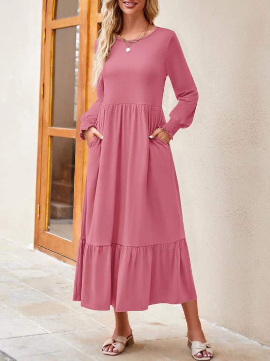 Femmes Plain Noir Col Rond Confortable Robe Maxi Décontracté