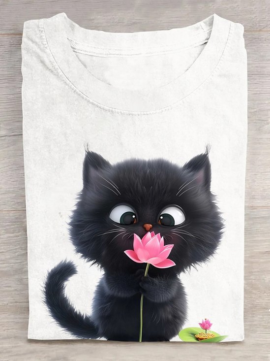 T-shirts Femmes Décontracté Été Chat Coton Ample Manches Courtes Droit Régulier Élasticité moyenne