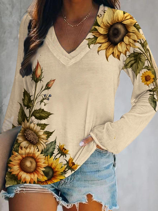 T-shirts Décontracté Printemps / Automne Marguerite Col V Quotidien Ample Droit Régulier Élasticité moyenne pour Femmes