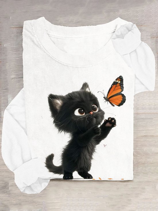 T-shirts Décontracté Printemps / Automne Chat Quotidien en Mélangé de Coton Régulier Régulier Élasticité moyenne Oui pour Femmes