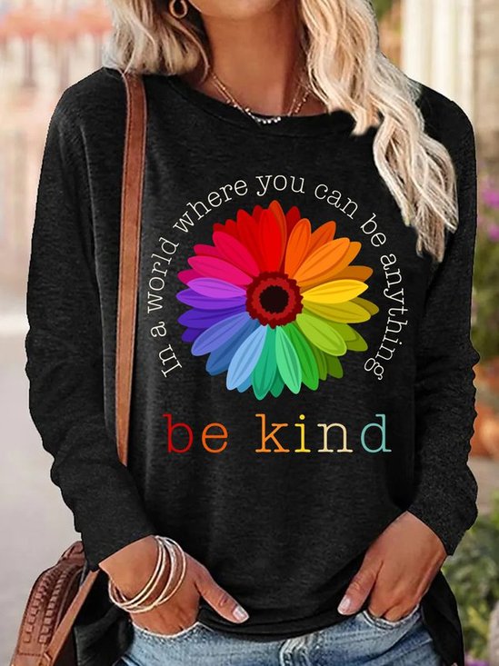 T-shirts Décontracté Printemps / Automne Marguerite Coton Micro-élasticité Quotidien Ample Manches Longues Col Rond pour Femmes