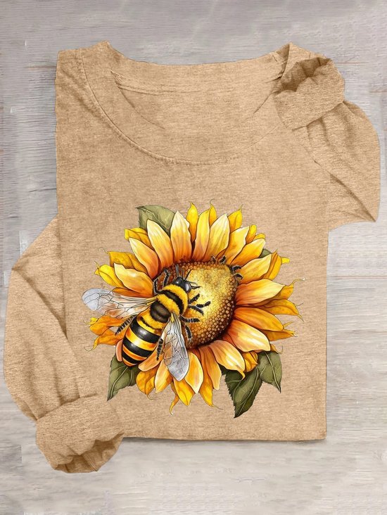 T-shirts Décontracté Printemps / Automne Tournesol Ample Manches Longues Col Rond en Mélangé de Coton Régulier Oui pour Femmes