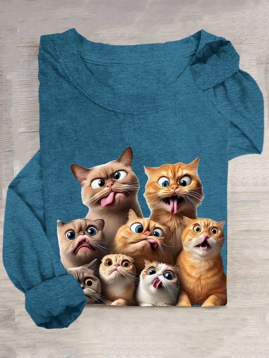 T-shirts Femmes Décontracté Printemps / Automne Chat Ample Col Rond en Mélangé de Coton Régulier Régulier Élasticité moyenne