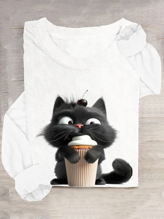 T-shirts Décontracté Printemps / Automne Chat Ample Manches Longues Col Rond en Mélangé de Coton Droit Oui pour Femmes