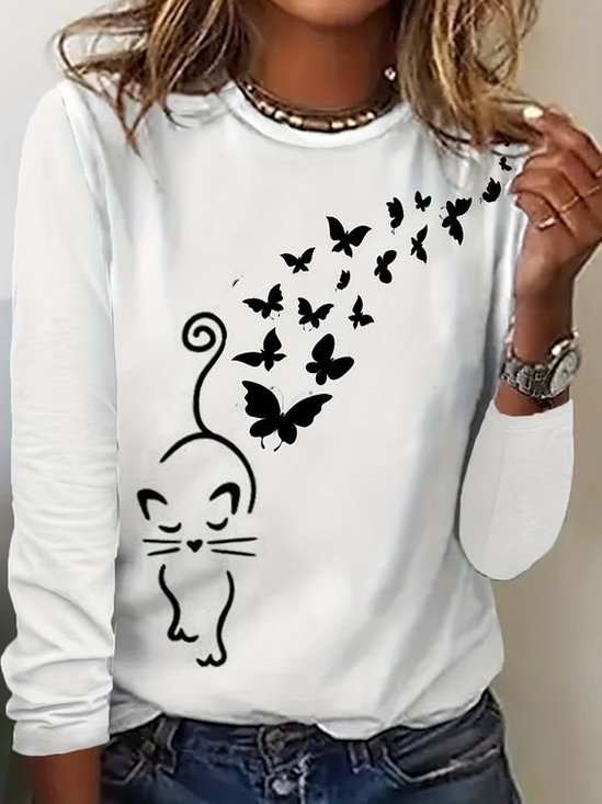 T-shirts Femmes Décontracté Printemps / Automne Papillon Coton Manches Longues Col Rond Régulier Trapèze Régulier