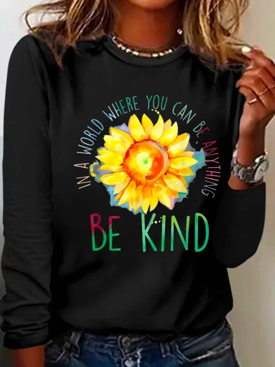 T-shirts Décontracté Printemps / Automne Marguerite Coton Micro-élasticité Manches Longues Col Rond Trapèze Régulier pour Femmes