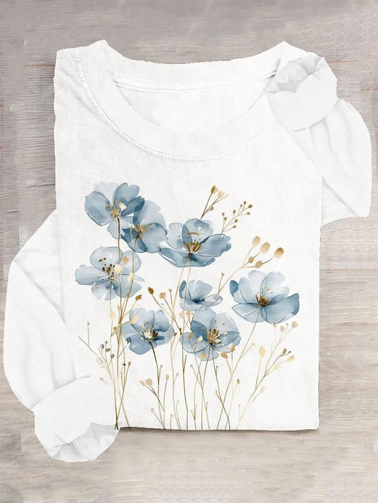 T-shirts Femmes Décontracté Floral Printemps / Automne Ample en Mélangé de Coton Droit Régulier Élasticité moyenne Oui