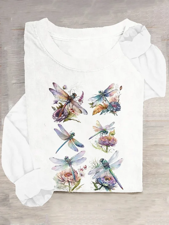 T-shirts Décontracté Libellule Printemps / Automne Quotidien Col Rond en Mélangé de Coton Régulier Régulier Élasticité moyenne pour Femmes
