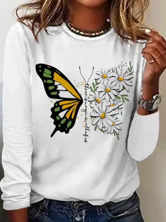 T-shirts Femmes Décontracté Printemps / Automne Papillon Coton Micro-élasticité Ample Col Rond Trapèze Régulier
