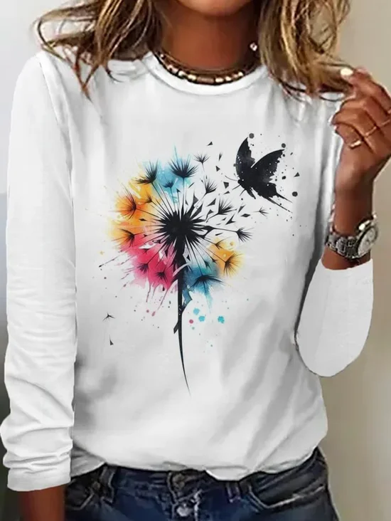 T-shirts Décontracté Papillon Printemps / Automne Coton Micro-élasticité Quotidien Ample Manches Longues Régulier pour Femmes
