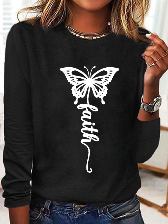 T-shirts Décontracté Printemps / Automne Papillon Micro-élasticité Quotidien Manches Longues Col Rond Régulier Trapèze pour Femmes
