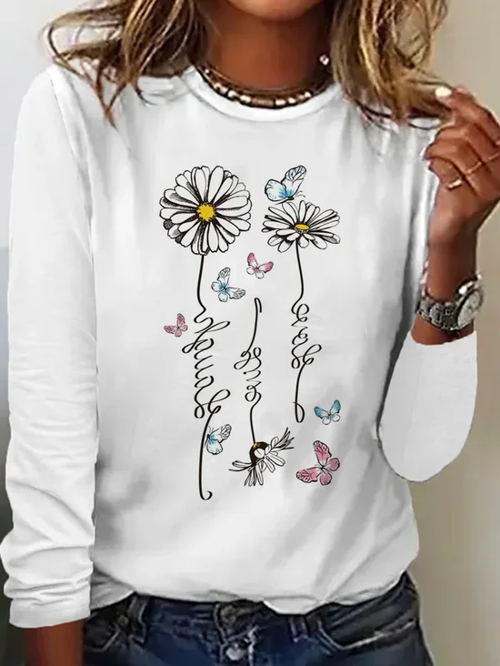 T-shirts Femmes Décontracté Printemps / Automne Marguerite Coton Ample Manches Longues Régulier Trapèze Régulier