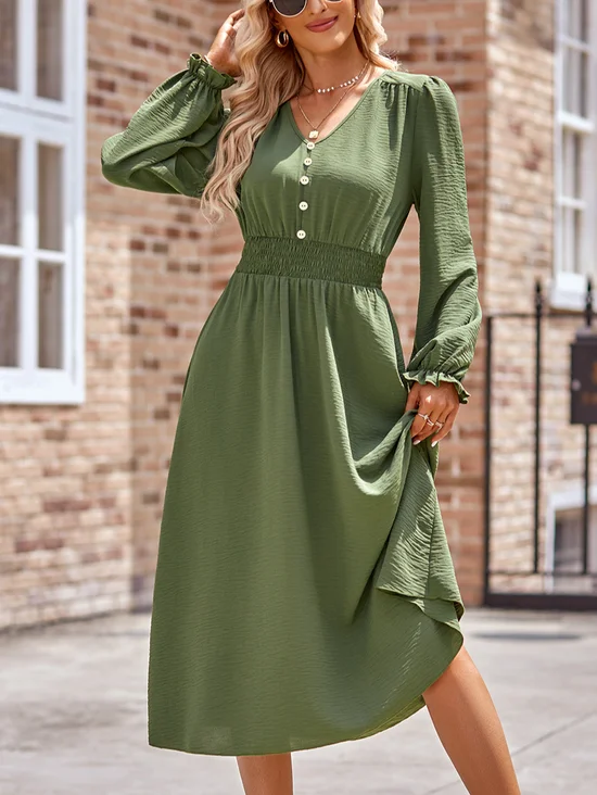 Femmes Plain Bleu Col Rond Confortable Robe Mi-Longue Décontracté