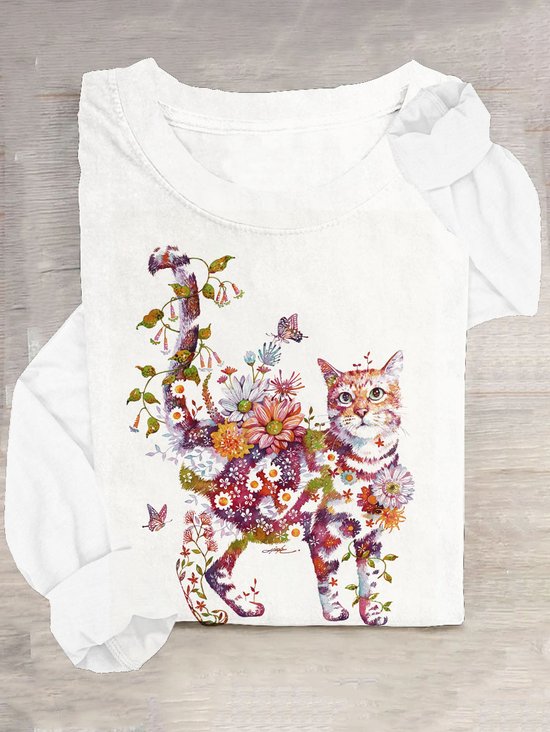 T-shirts Femmes Décontracté Floral Printemps / Automne Quotidien Ample en Mélangé de Coton Régulier Droit Régulier