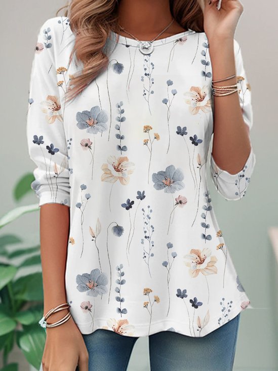 T-shirts Femmes Décontracté Floral Printemps / Automne Quotidien Manches Longues Col Rond Droit Régulier Non
