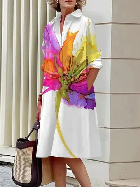 Femmes Floral Multicolore Col de Chemise Confortable Robe Mi-Longue Décontracté
