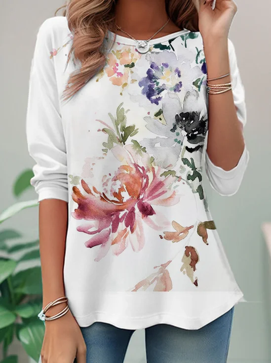T-shirts Femmes Décontracté Floral Printemps / Automne Aucune élasticité Quotidien Ample Manches Longues Col Rond Droit