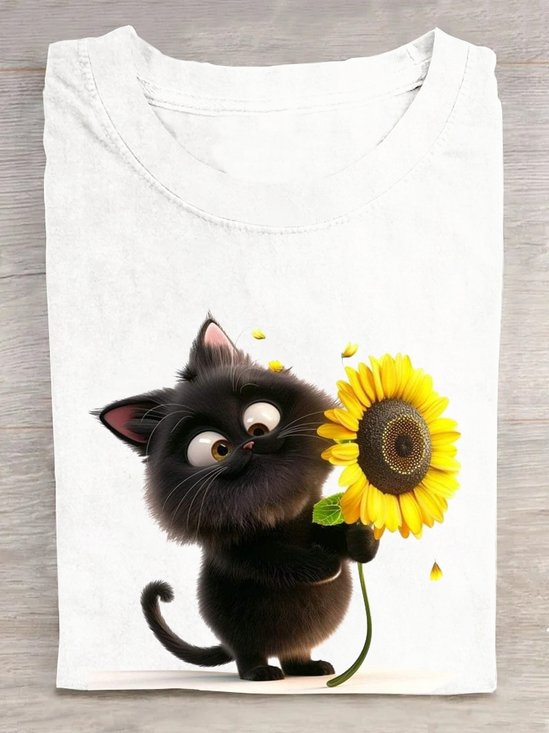 T-shirts Décontracté Été Chat Coton Ample Manches Courtes Régulier Régulier Oui pour Femmes