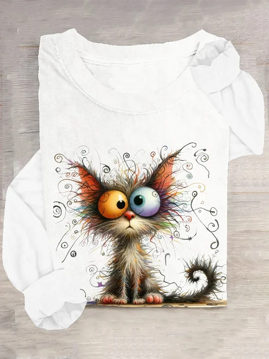 T-shirts Décontracté Printemps / Automne Chat Ample Manches Longues en Mélangé de Coton Régulier Élasticité moyenne Oui pour Femmes