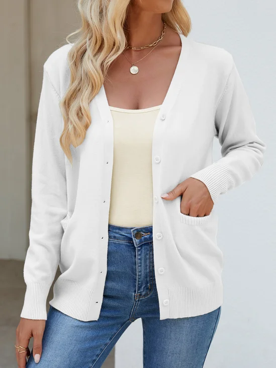 Cardigans Femmes Décontracté Plain Printemps / Automne Col V Quotidien Ample Fil/fil de laine Régulier Poche Couture
