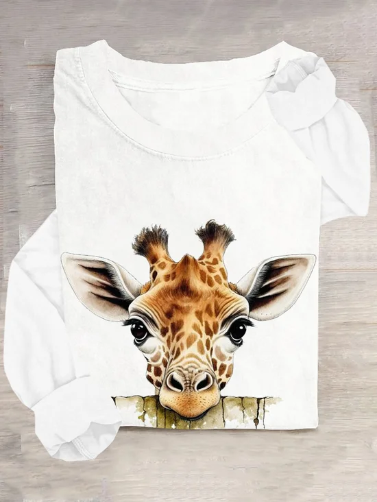 T-shirts Femmes Décontracté Imprimé d'Animal Printemps / Automne Ample Manches Longues en Mélangé de Coton Droit Régulier Élasticité moyenne