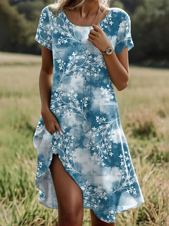Femmes Floral Bleu Col Rond Confortable Robe Mi-Longue Décontracté