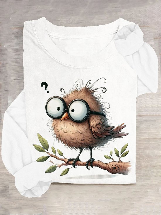 T-shirts Femmes Décontracté Printemps / Automne Oiseau Ample Manches Longues Col Rond en Mélangé de Coton Régulier Droit