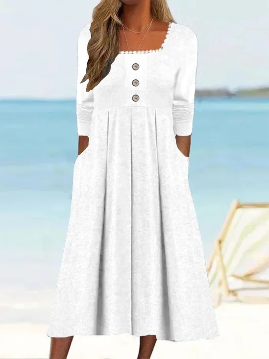 Femmes Plain Blanc Col Carré Confortable Boucle Robe Maxi Décontracté