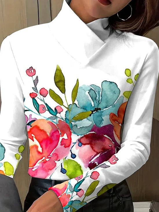 Chemisiers1 Décontracté Floral Printemps / Automne Polyester Coupe Régulière Manches Longues Col Roulé Régulier Régulier pour Femmes