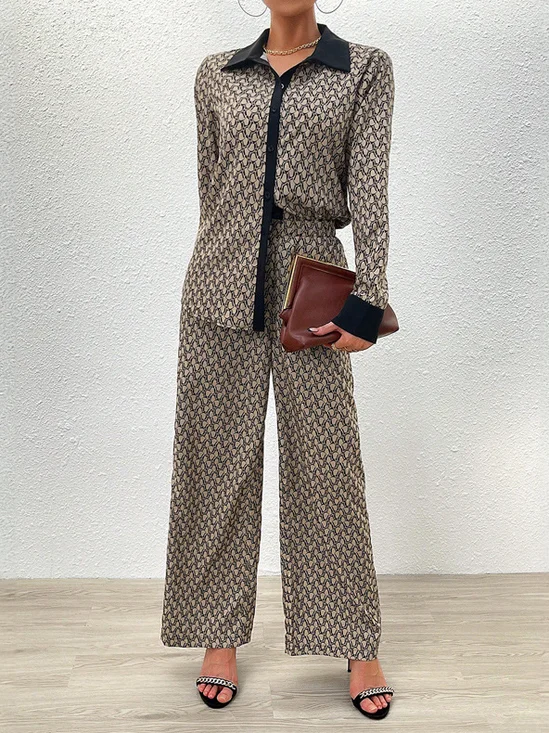Deux Pièces Ensembles Femmes Géométrique Décontracté Printemps / Automne Micro-élasticité Ample Manches Longues Top Avec Pantalons Droit Col de Chemise