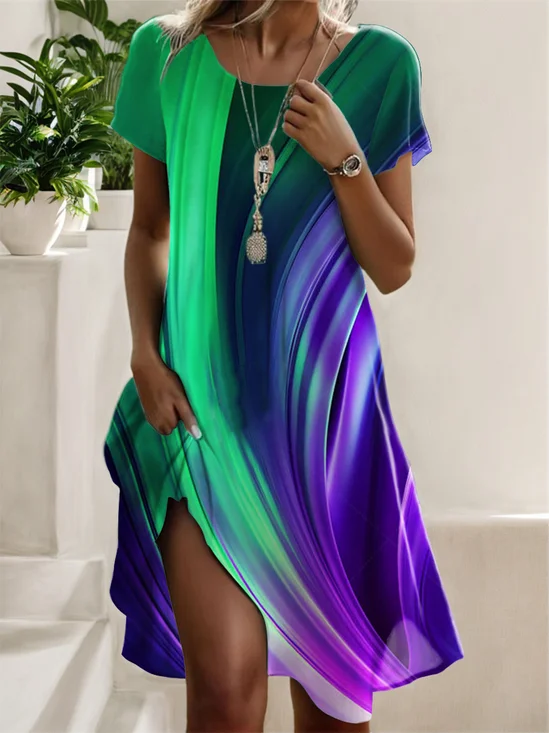 Femmes Bloc de Couleur Vert Col Rond Confortable Imprimé Robe Mi-Longue Rétro