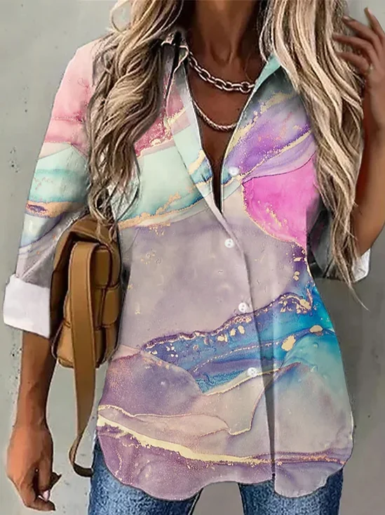Chemises Décontracté Printemps / Automne Aléatoire Imprimé Polyester Naturel Aucune élasticité Quotidien Ample Manches Longues pour Femmes