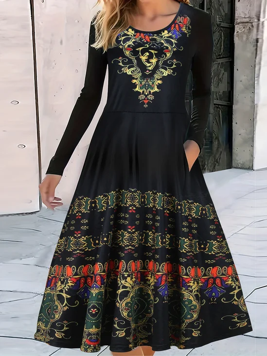 Femmes Géométrique Noir Col Rond Confortable Boucle Robe Maxi Décontracté