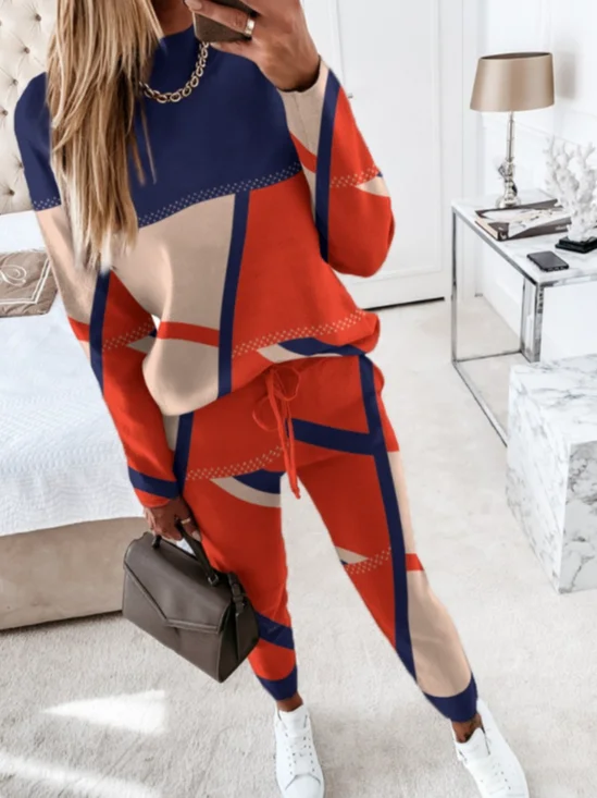 Deux Pièces Ensembles Géométrique Décontracté Printemps / Automne Quotidien Ample Manches Longues Col Rond Top Avec Pantalons Droit pour Femmes