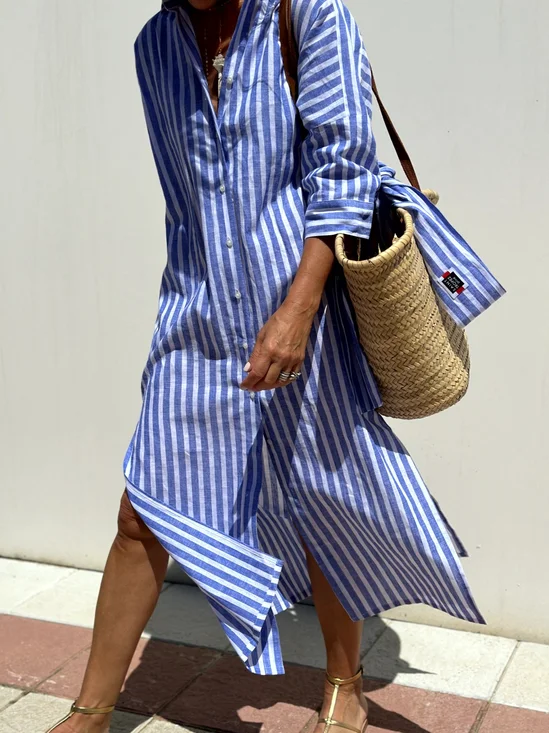 Femmes Rayé Bleu Col de Chemise Confortable Robe Mi-Longue Décontracté