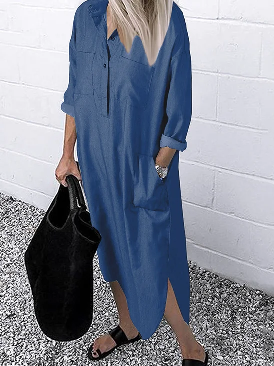 Femmes Plain Bleu Col de Chemise Confortable Mini Robe Décontracté