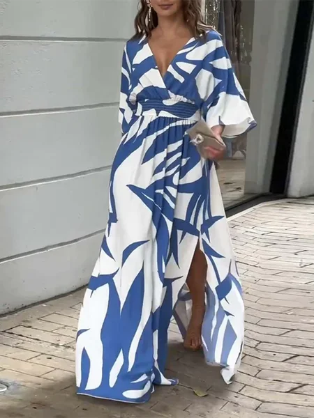 Femmes Géométrique Bleu Col V Confortable Robe Maxi Décontracté